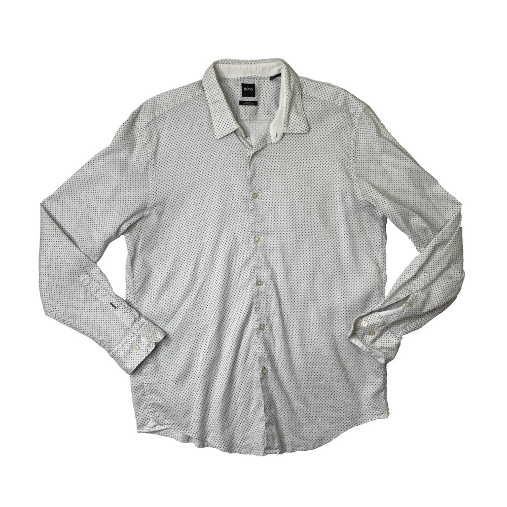 Hugo Boss Shirt Mens XXL Slim Fit Stretch Linen Long Sleeve Button Up Micro Dot